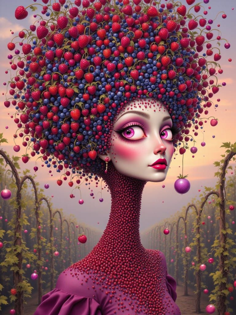 A surreal portrait of a woman with distorted, asymmetrical facial features, big ruby-bright eyes that sparkle like berry juice, and an elong...