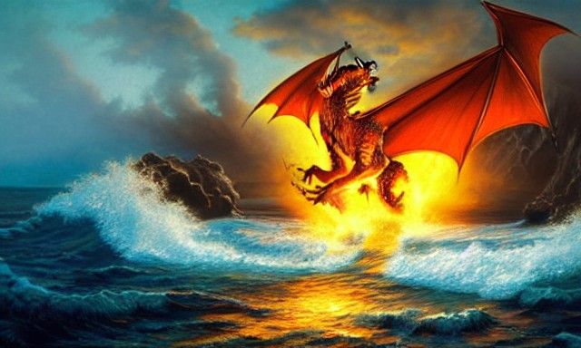 A dragon emerging from the sea spitting fire. oil painting b...