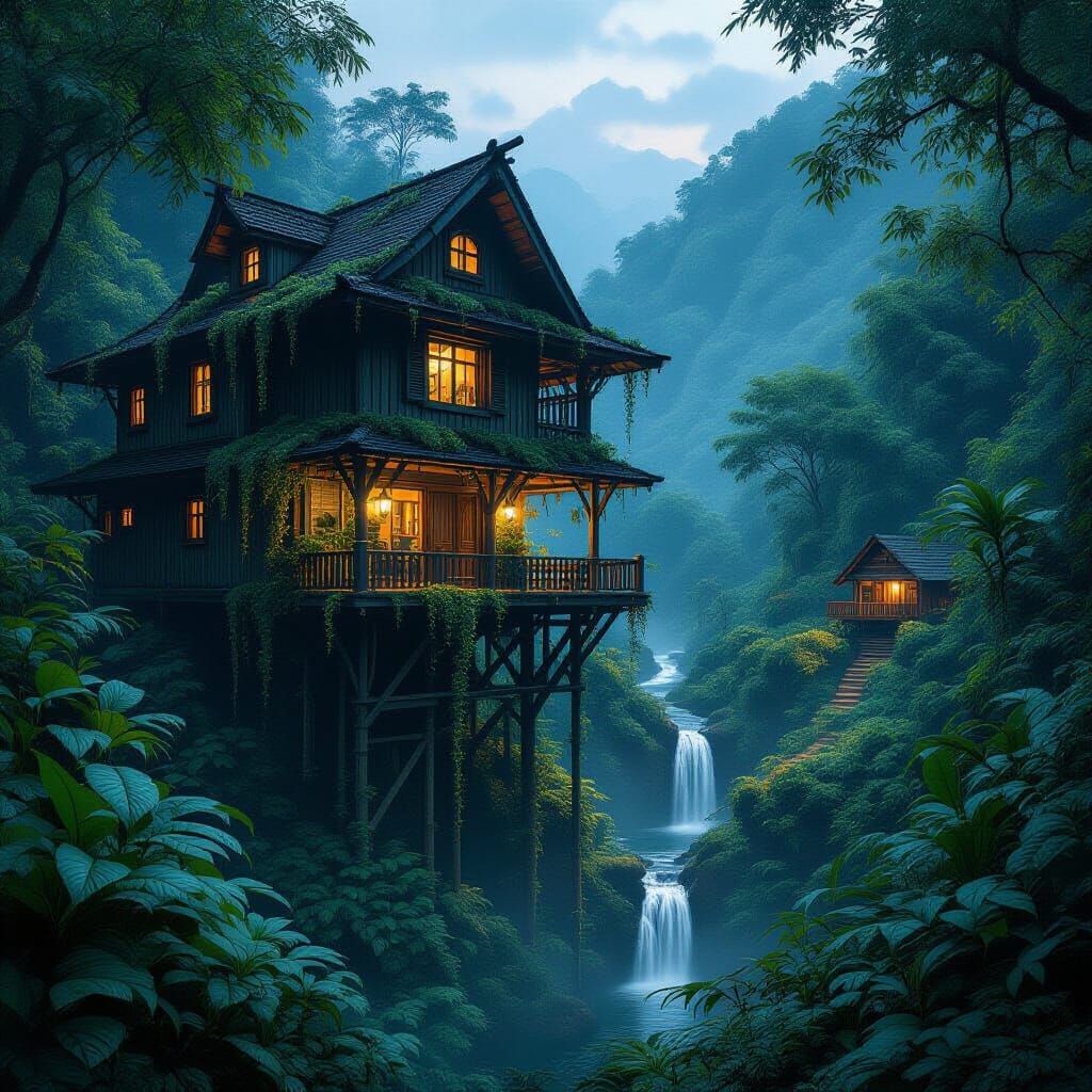 Majestic Stilt House in a Night Jungle Valley