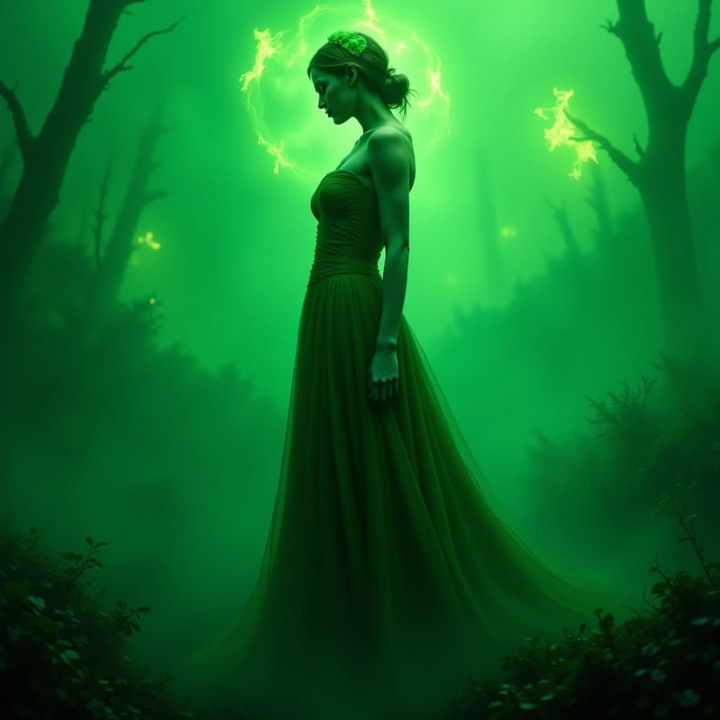 green woman and green rose of green fire and green fog <lora:The Green of Red:1.0>