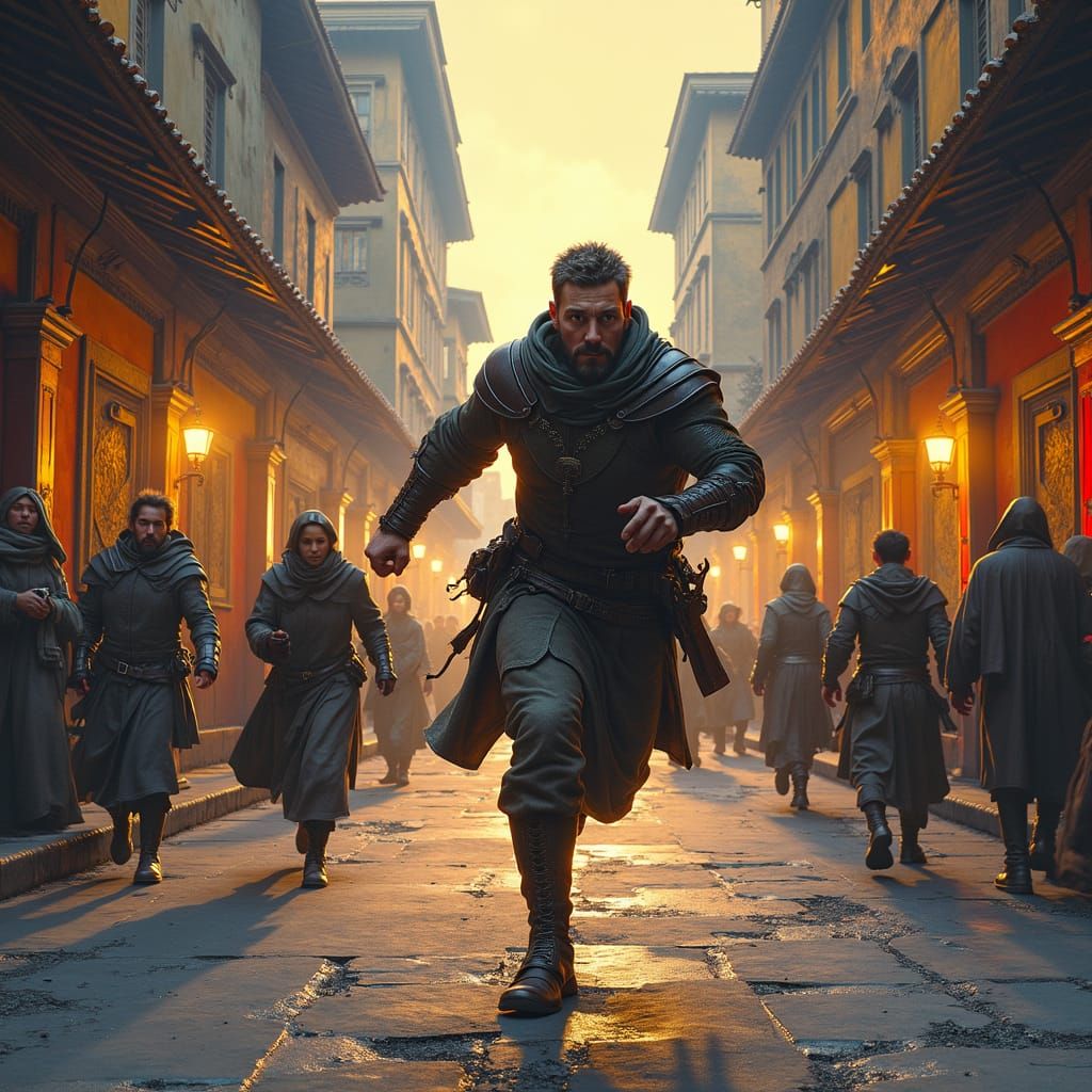 Armored Man Knocks People Over in Cityscape