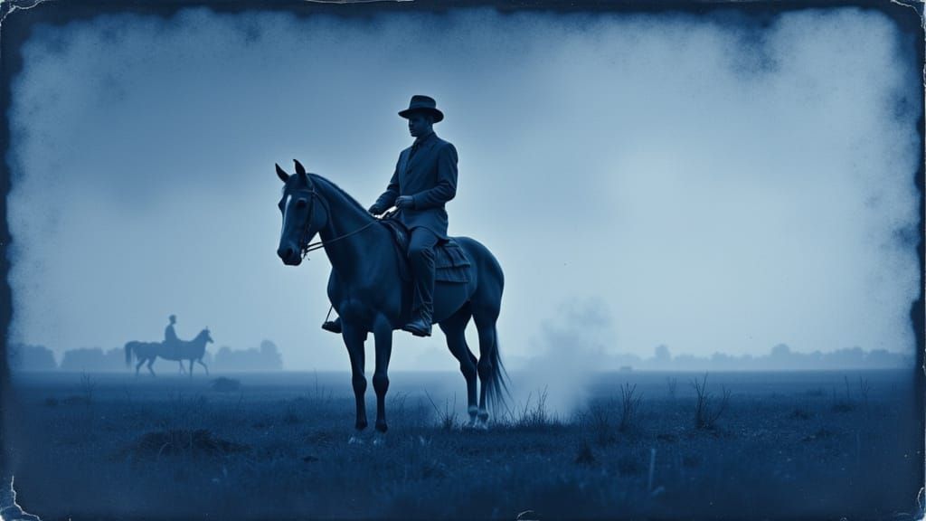 <lora:Cyanotopia:1.0> cyanotype photograph of death on a horse