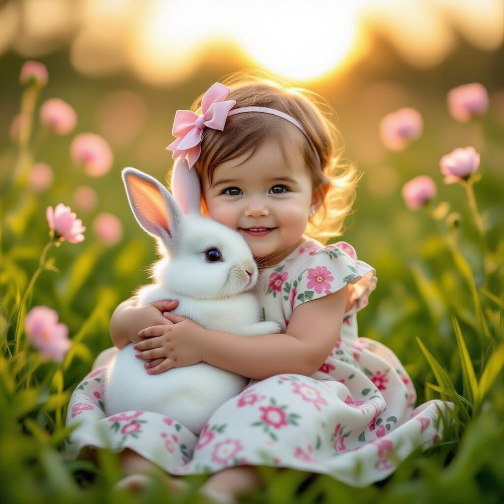 Baby Girl Hugging Rabbit in Pink Sunset Garden