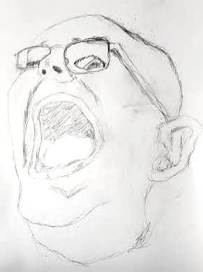 shouting and screaming bald male blue and white ghost head with glasses rising from the mist and smoke Screen print, pop art, splash screen...