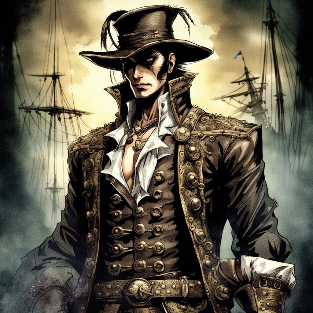 majima goro as a victorian pirate, comic book style, graphic...