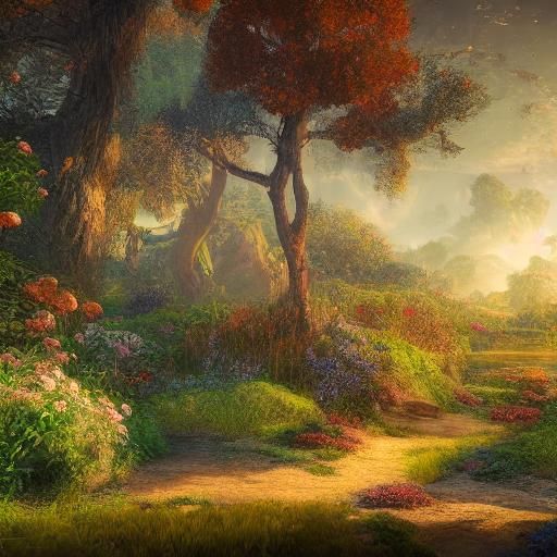 rural mystic garden in bright light of golden hour