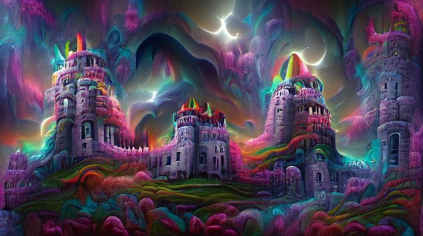 Psychedelic fantasy castle sinister by Greg Rutkowski