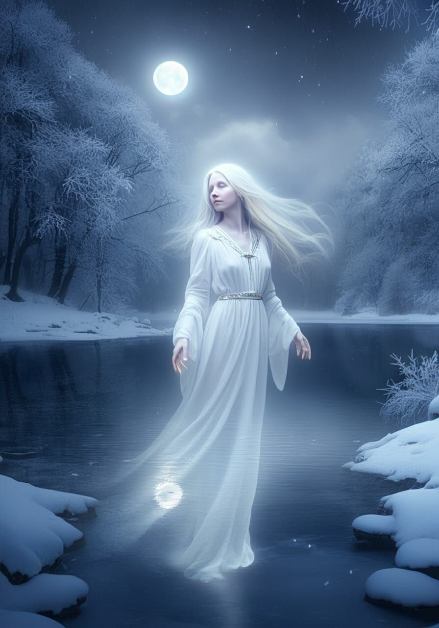 Phosphorescent bioluminescent Beautiful Ghost woman Come outside miror lake. Moonlight and stars un the sky, winter and snow