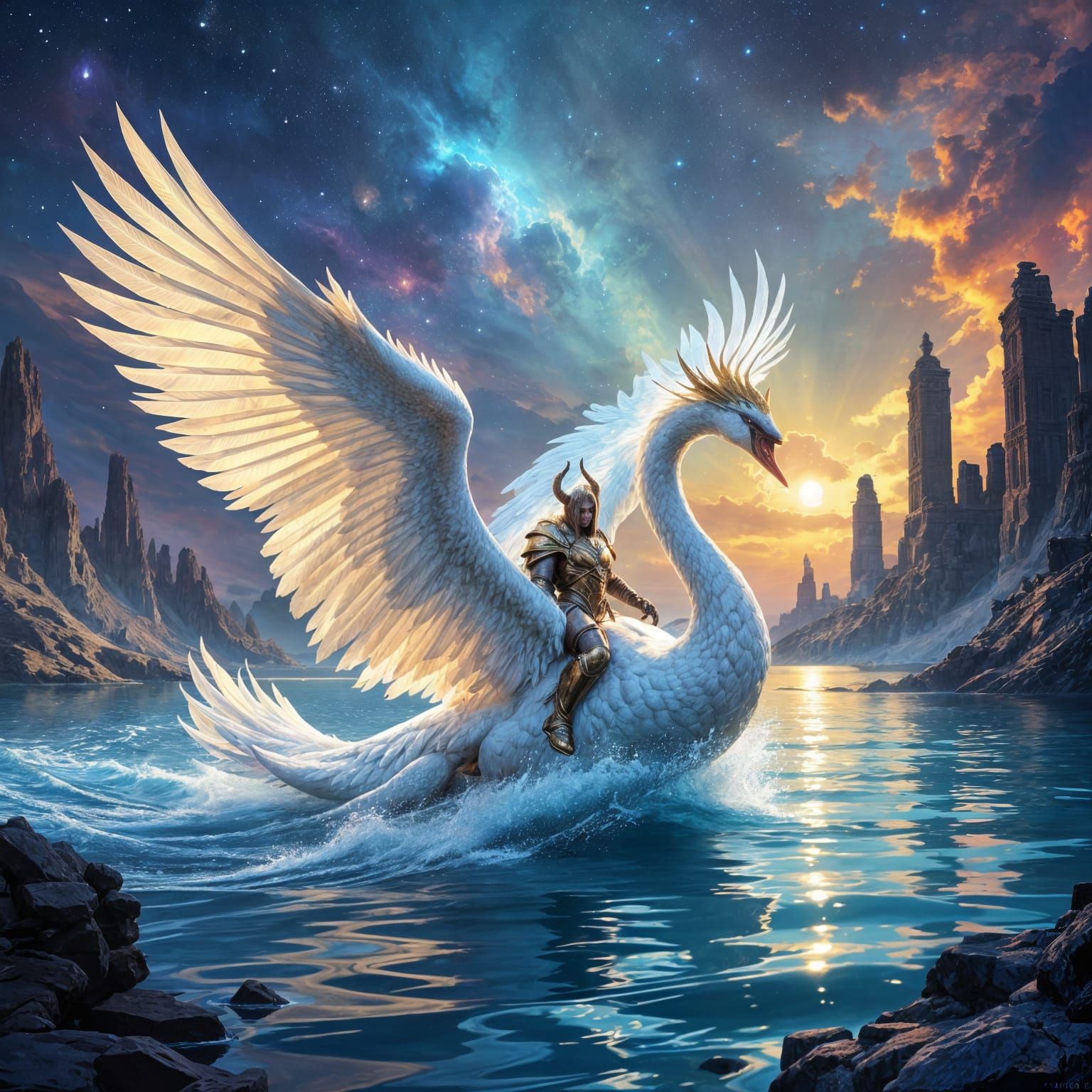 A majestic swan dragon with iridescent feathers soaring through a nebula-filled lake, carrying a Minotaur in shining armor. The scene is set...