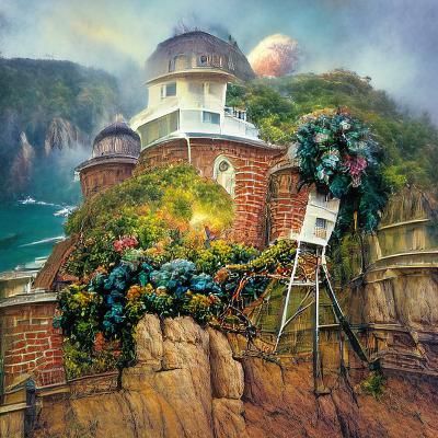 An old observatory with vines growing on it on a cliff by th...