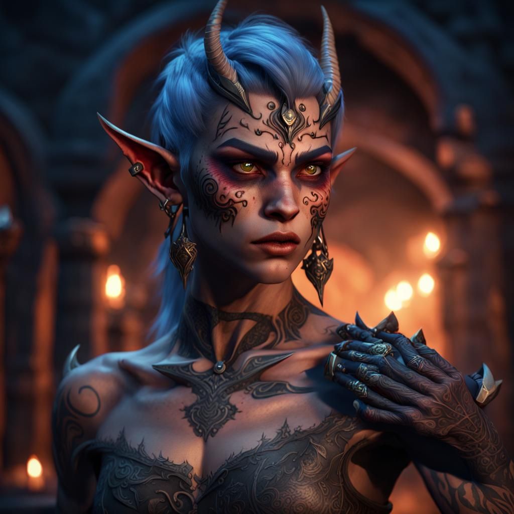 "a young night elf with moon shaded skin covered in tattoos ...