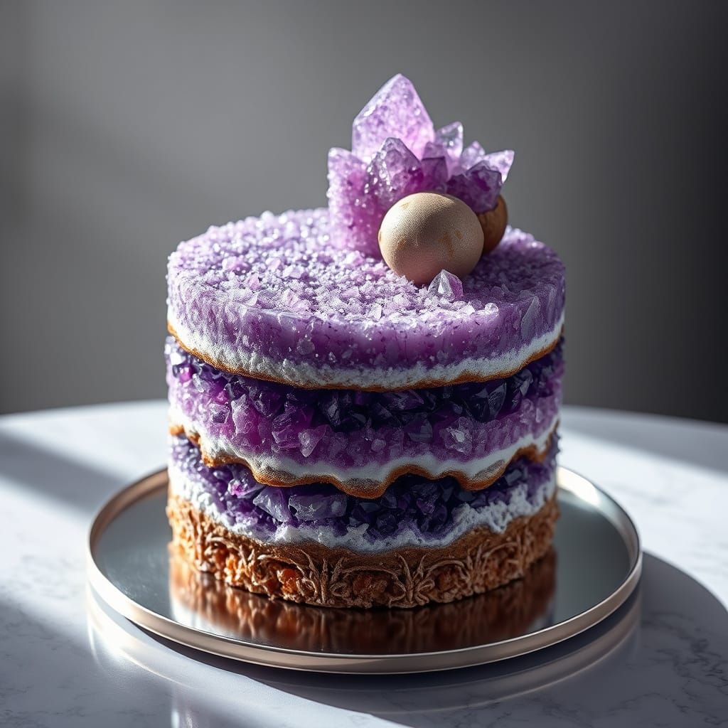 imagine a decadent chocolate cake made entirely of amethyst gemstones, with layers of sparkling purple ...  by @Silphir