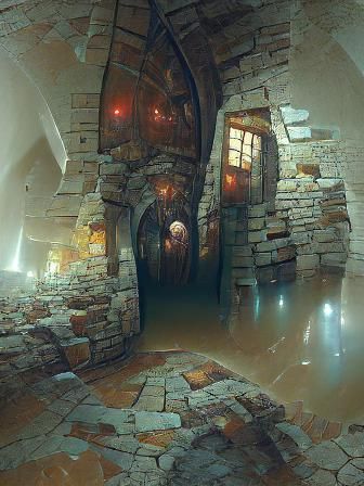first person view entering a large stone medieval interior e...