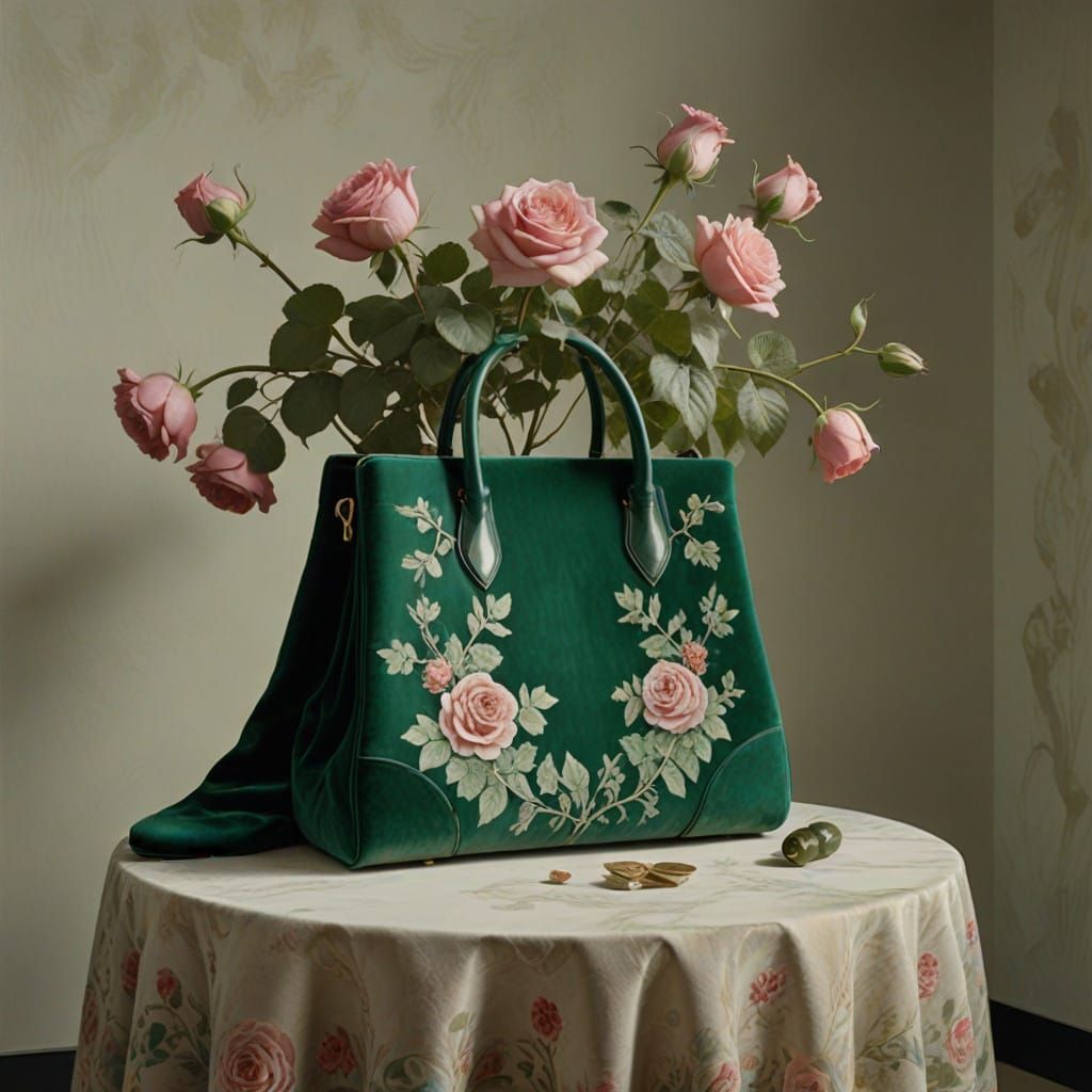 Handbag and Green Boots with roses on display 