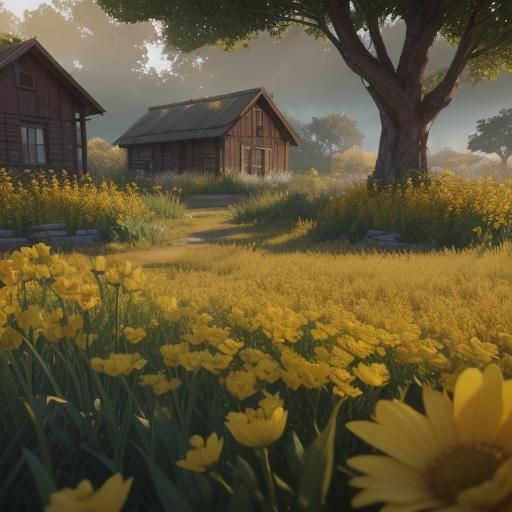 close-up of a rural garden with yellow flowers in golden hou...