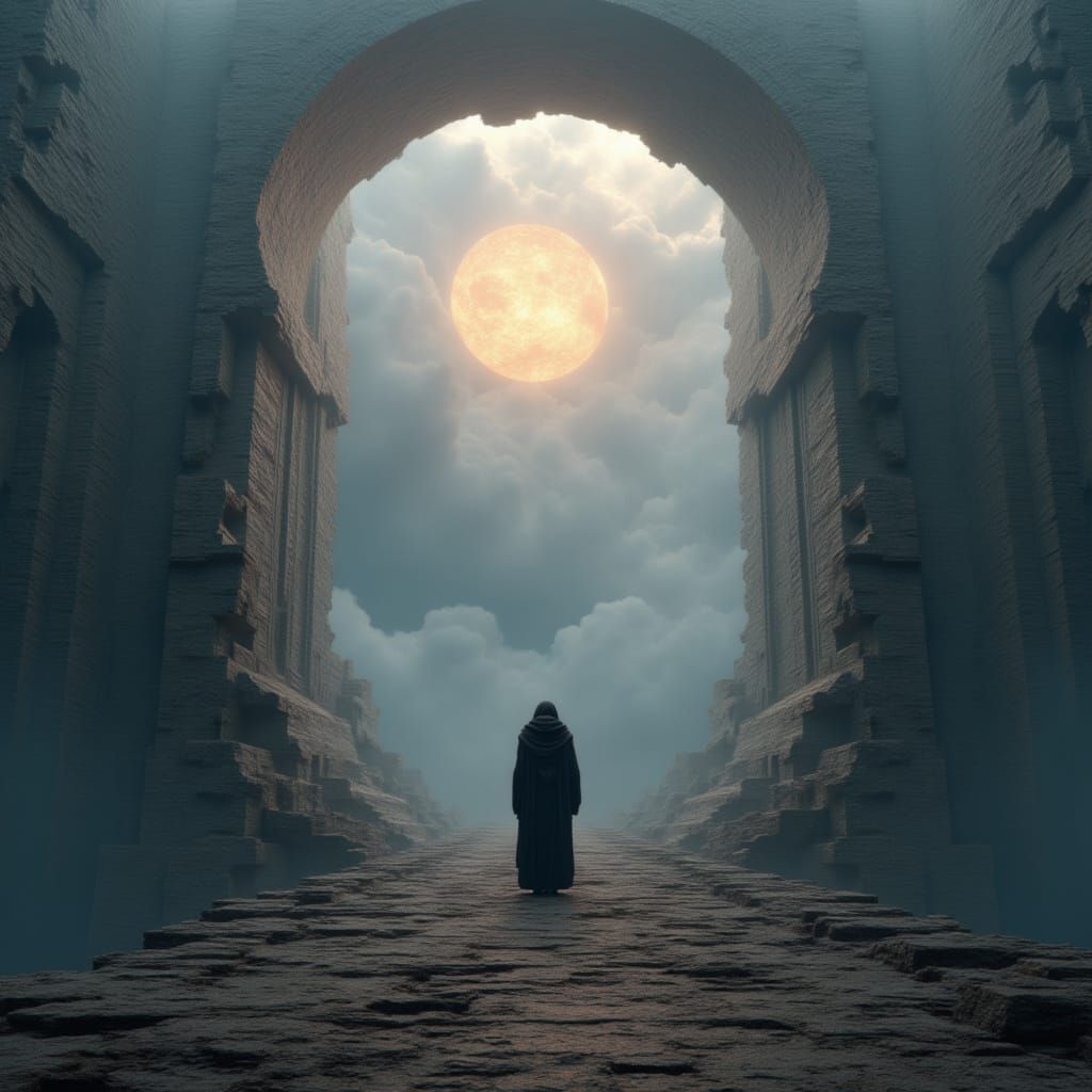 <lora:Reliquiarum:1.3> A monk who navigates floating ruins by listening to the voices in the fog; Poetic grandeur, fantasy architecture, su...