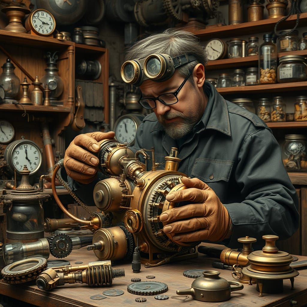 A steampunk inventor piecing together a fantastical machine in a workshop filled with gears and gadgets  by @ I love 1 4