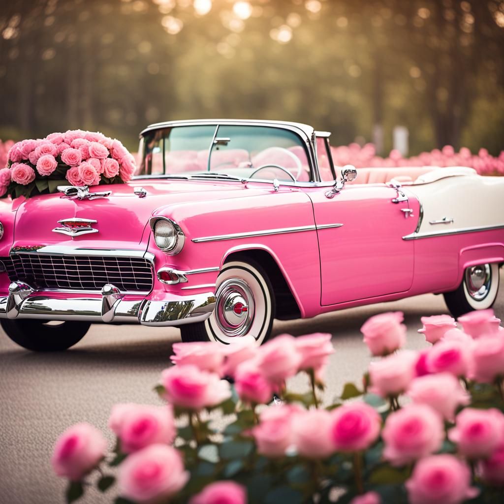 A cute light pink and white '55 Chevy convertible with a big...