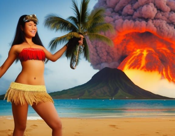 Glamorous happy Hawaiian girl wearing a skimpy grass skirt, coconut bra  standing on Waikiki Beach with a huge volcano, huge tsunami, a ufo a -  AI Generated Artwork - NightCafe Creator