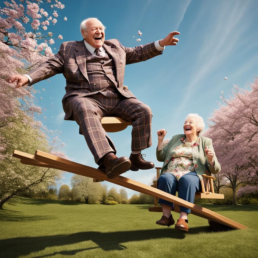A portly elderly man, in a mismatched plaid suit, is catapul...