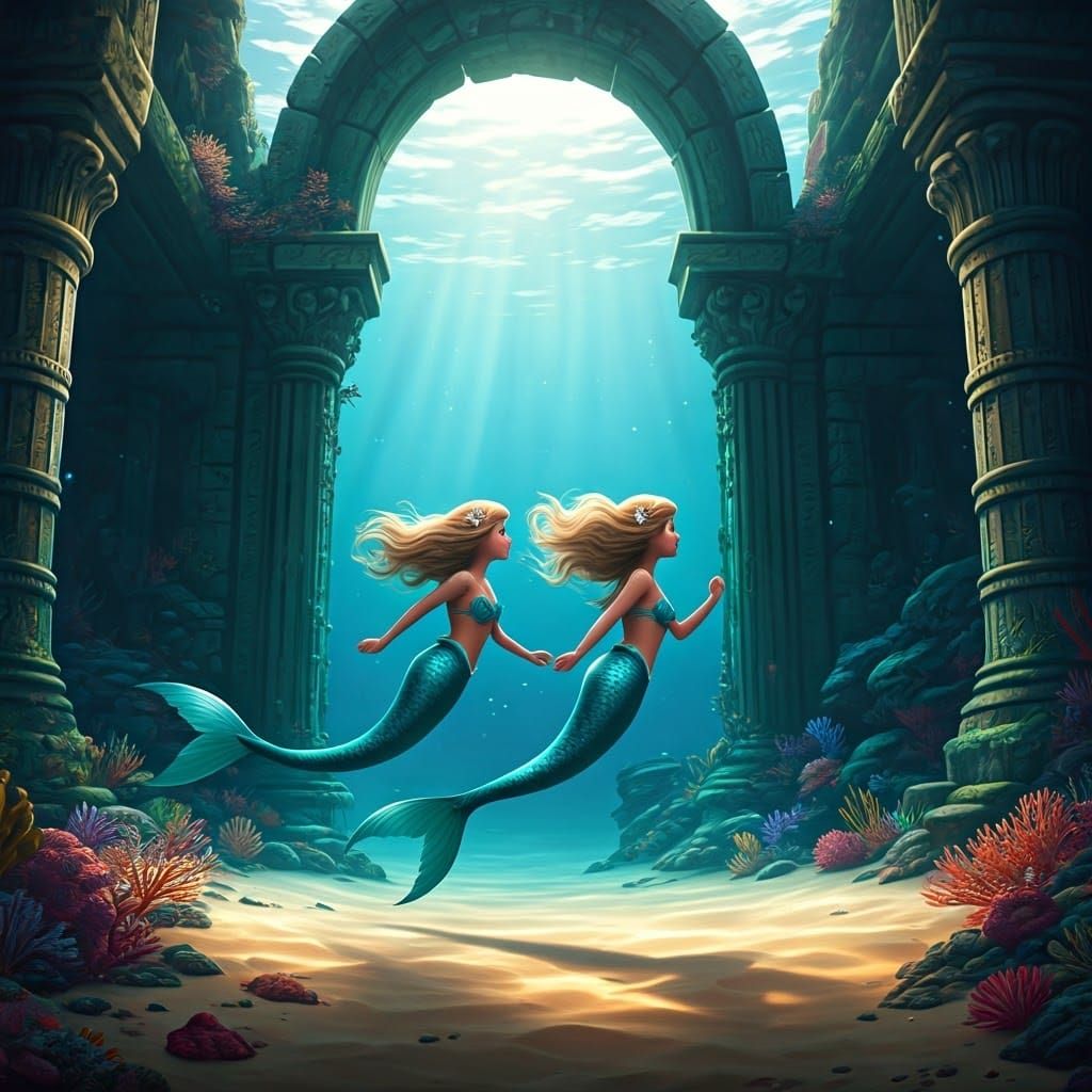 Mermaids exploring a lost civilization 