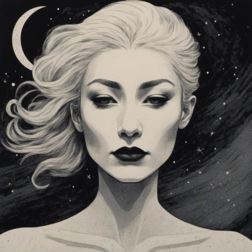 Moon Glowing Queen Portrait in Charcoal and Gouache