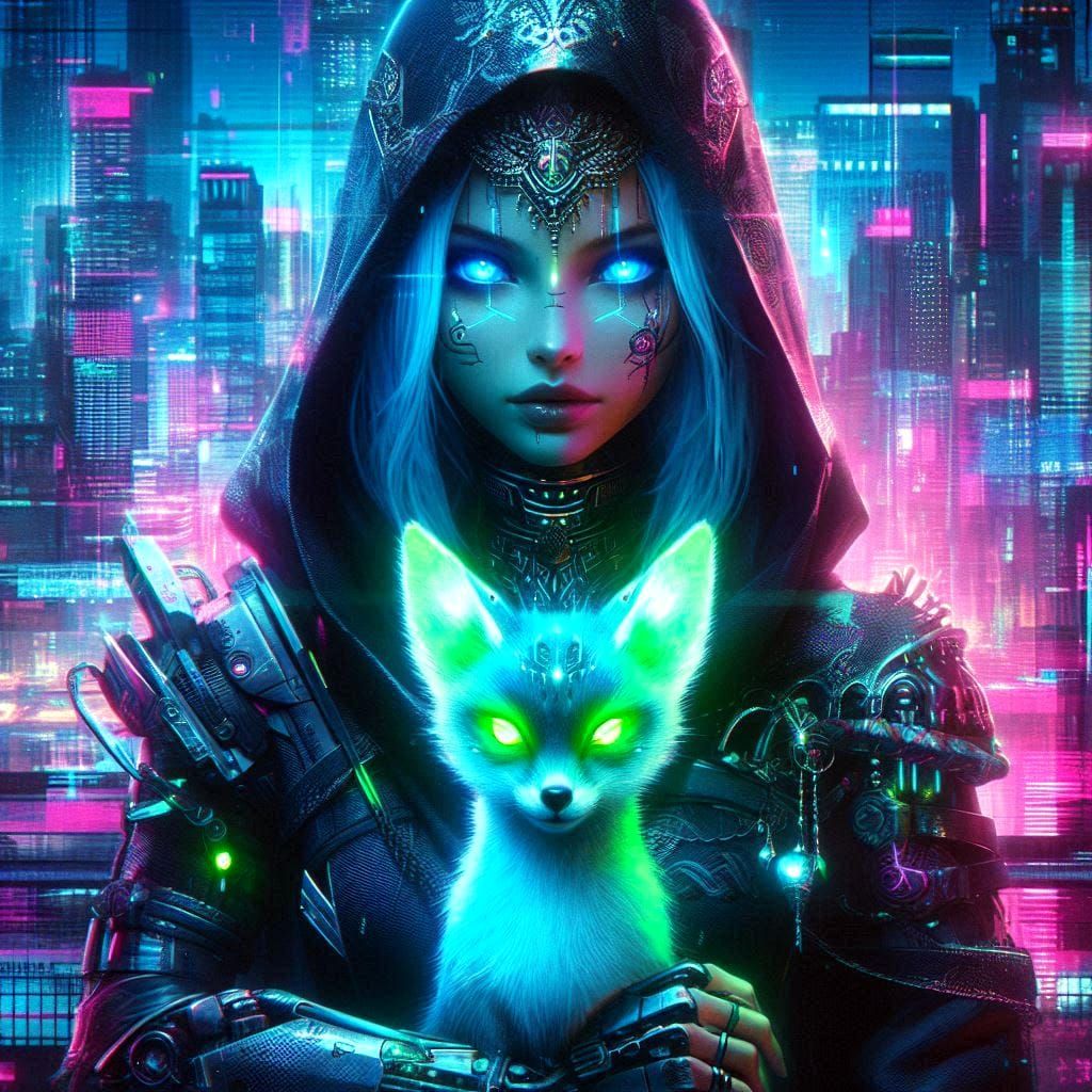 Neon Huntress and Her Luminous Fox