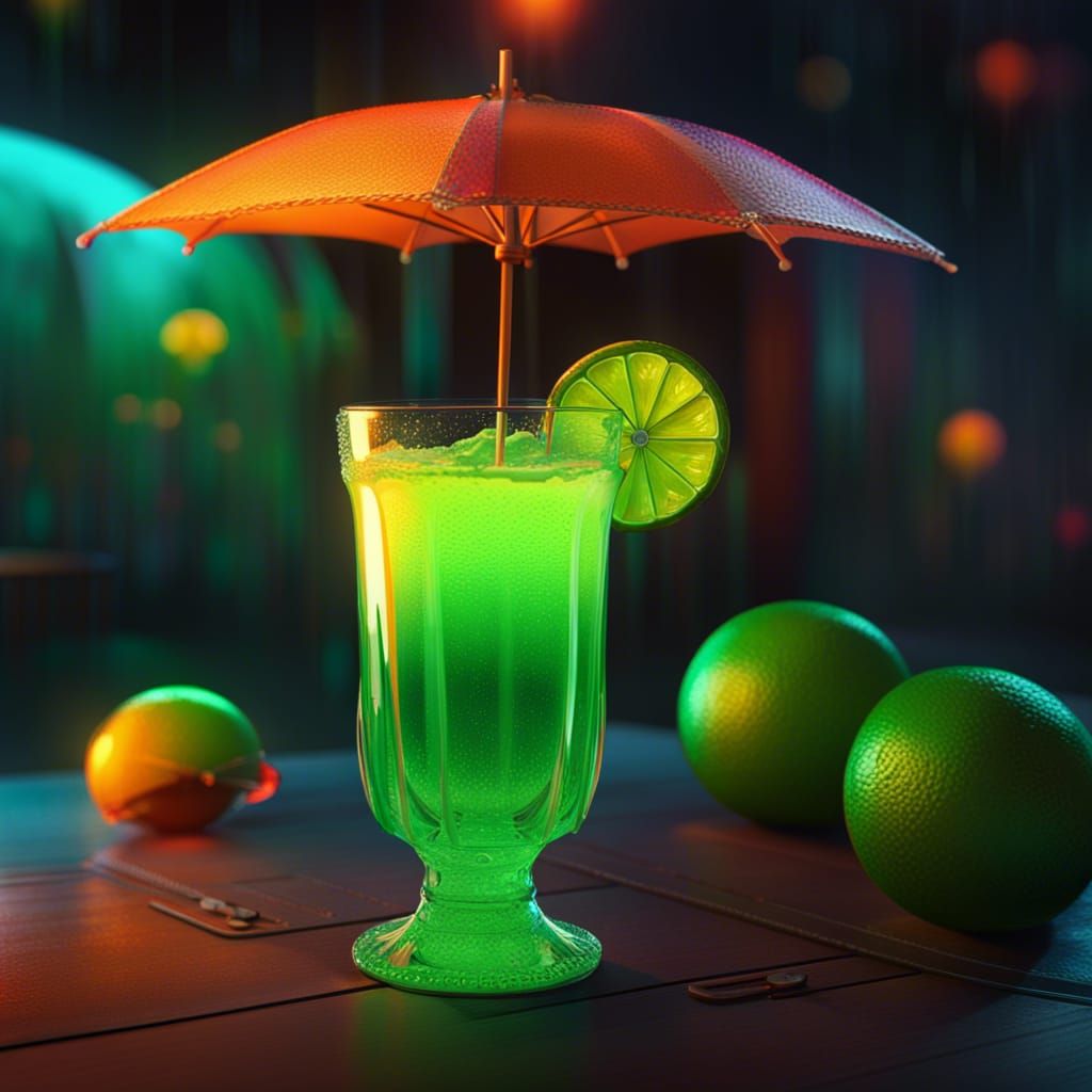 Lime green and tangerine daiquiri in uranium highball glass with an rainbow umbrella AI