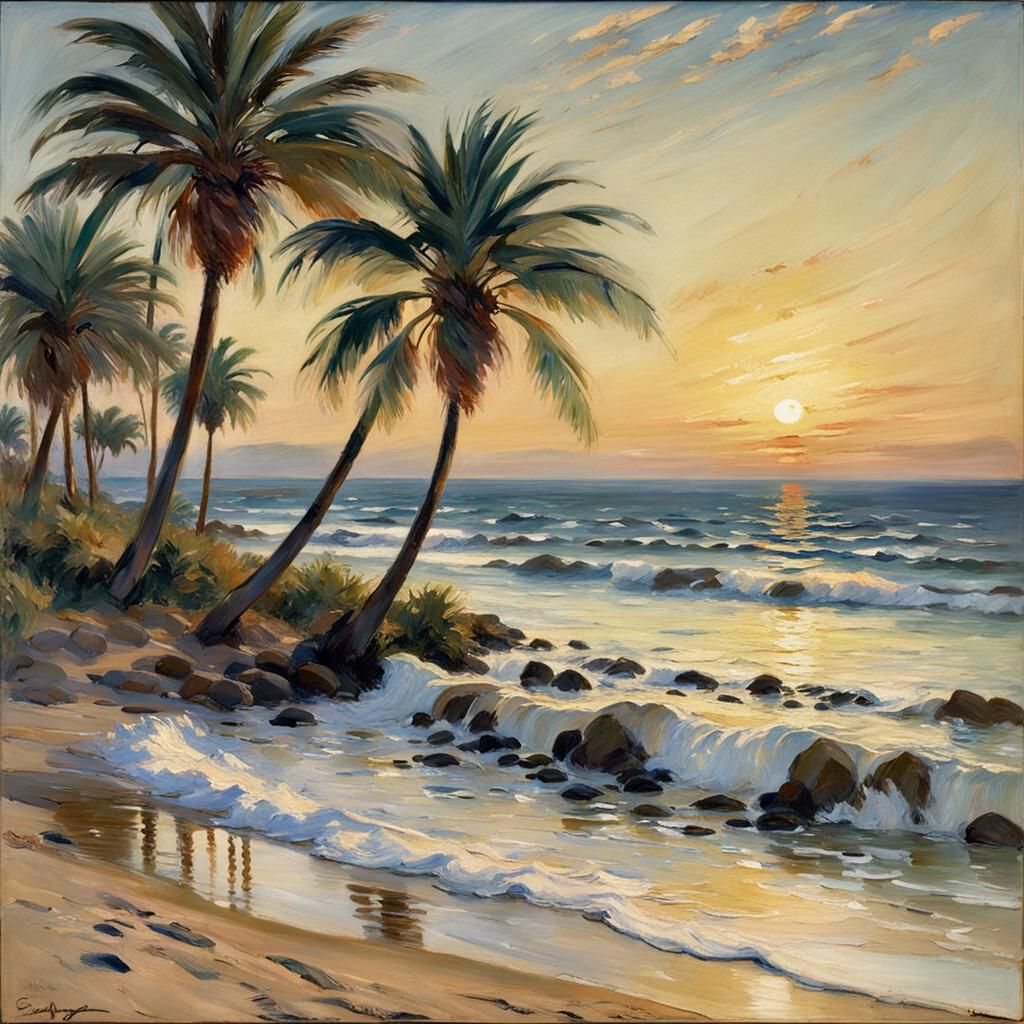Serene landscape depicting silhouetted palm trees, gentle wa...