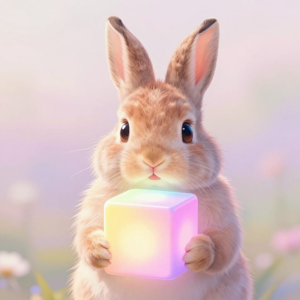Cute Bunny Holding Glowing Cube in Dreamlike Style