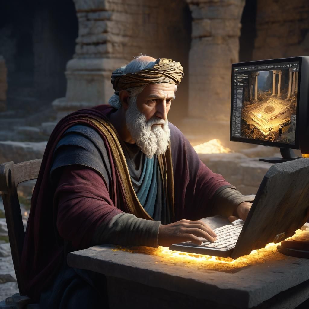 Greek Philosopher and mathematician, Pythagoras using a modern laptop Computer at a ruined amphitheater in Athens, Greece.  by @Mike