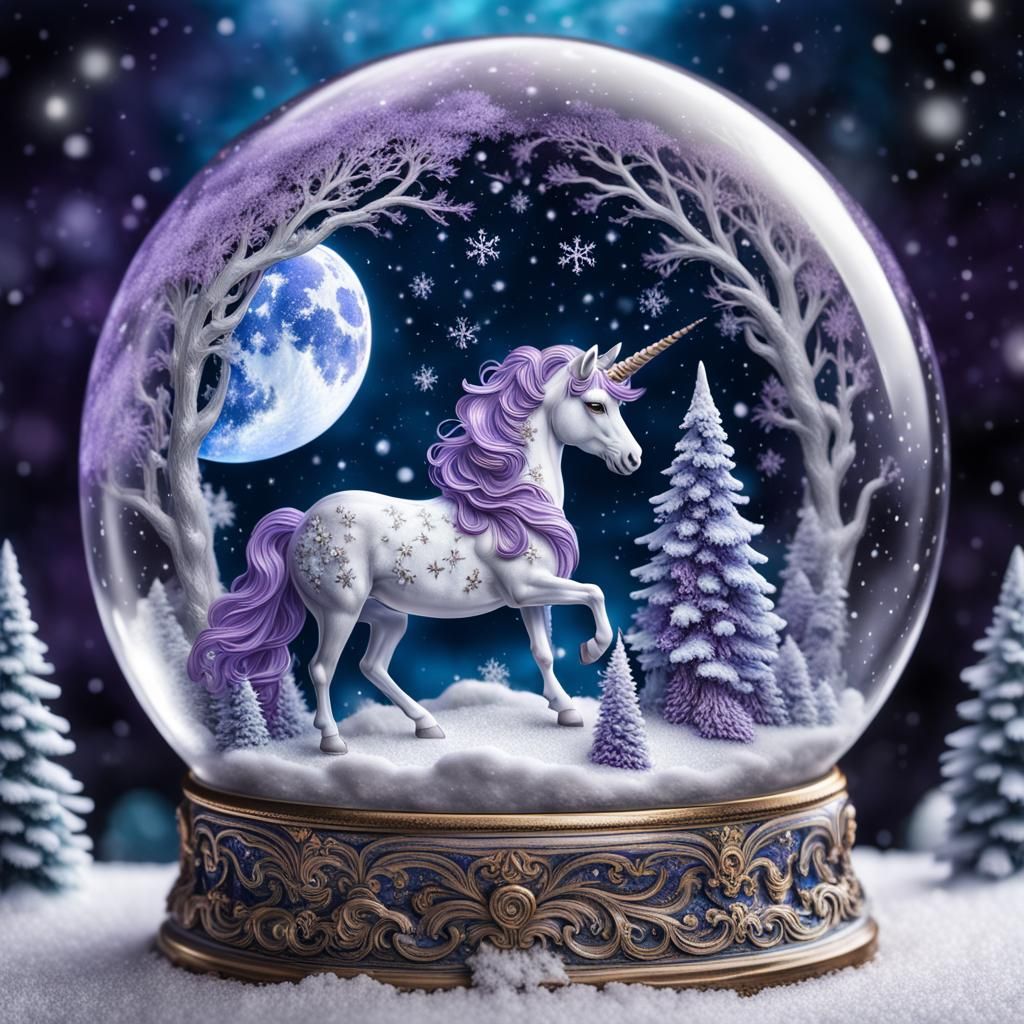 Full Moon Lavender Mane Unicorn Glittery Snowy World  Snow Globe  by @Inner Peace