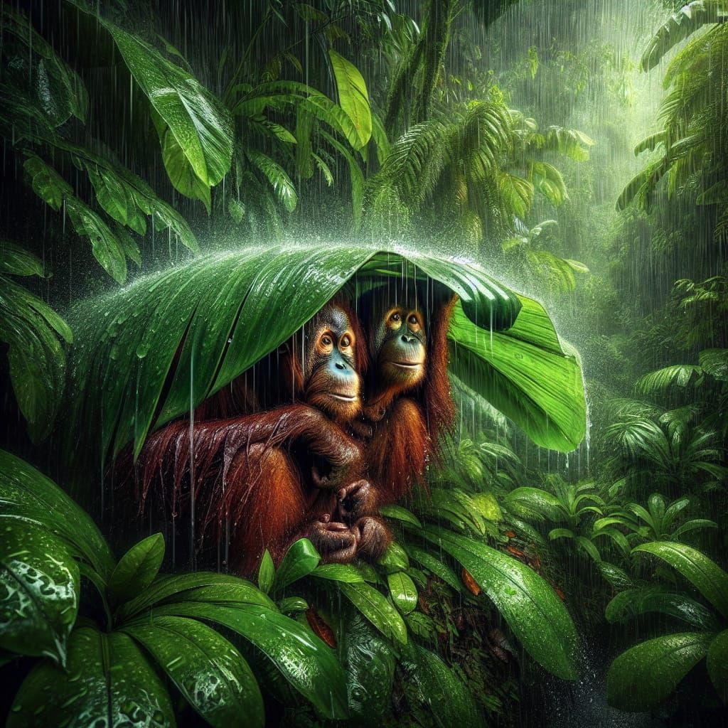 Orangutan kids hiding from the heavy rain in the jungle under large leafs  by @Apilas