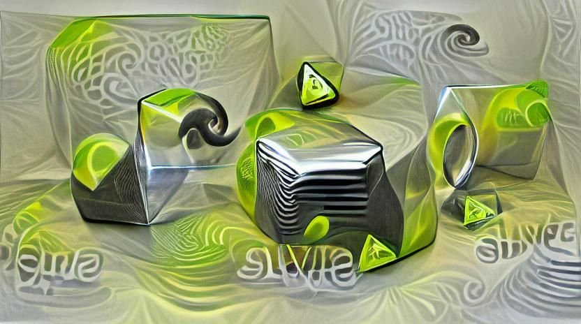 silver sine wave rotating around lime green cube; glossy fin...