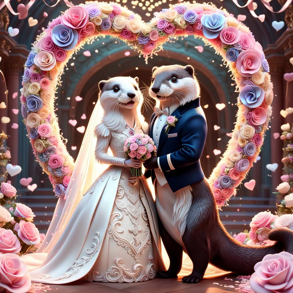 Otter Bride and Bridegroom Surrounded by Confetti