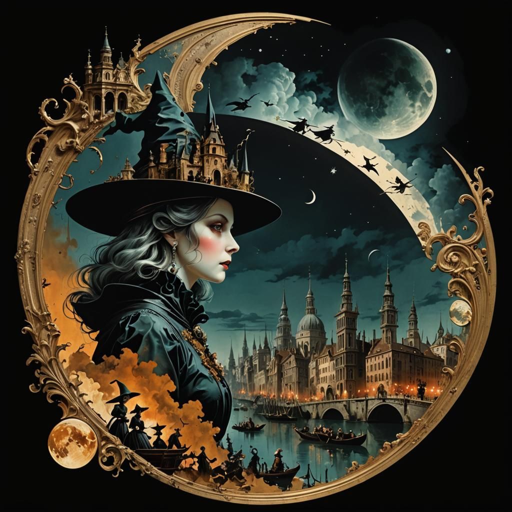 Collage Whimsical Futuristic Canaletto Witches, ornate, beautiful inks  by @Kalpine