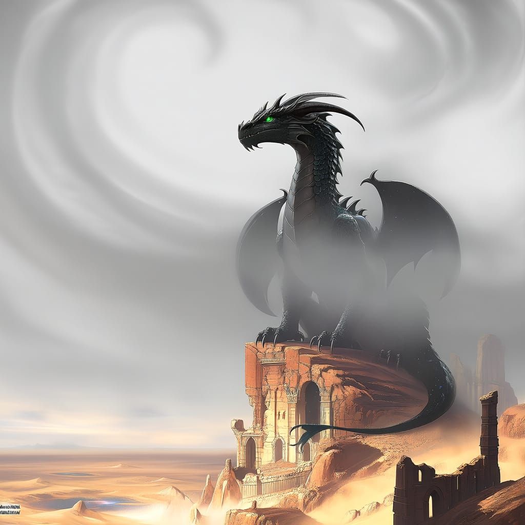 the dragon spreads its wings, ehales blue flame all around and the entire scene bursts with life! Blue skies and green o...