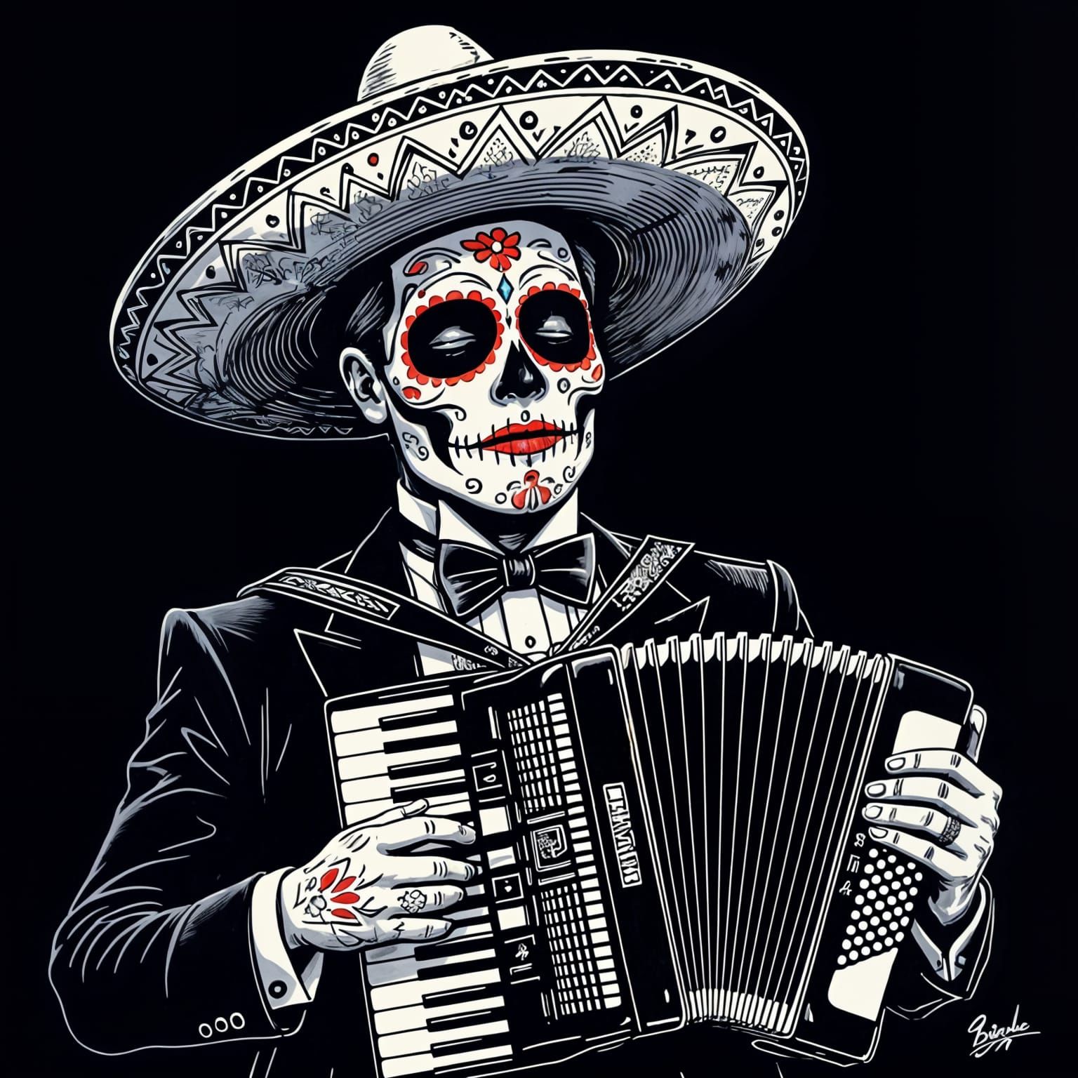 The image is a black and white illustration and cartoon hand drawn of a man wearing a sombrero and a tuxedo. The man is holding an accordion...