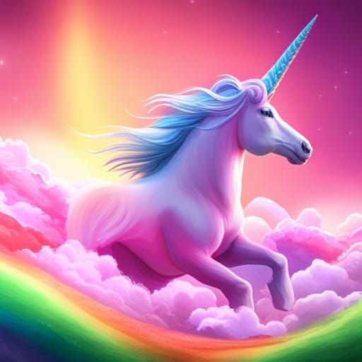 Pink fluffy Unicorn on a rainbow - AI Generated Artwork - NightCafe Creator