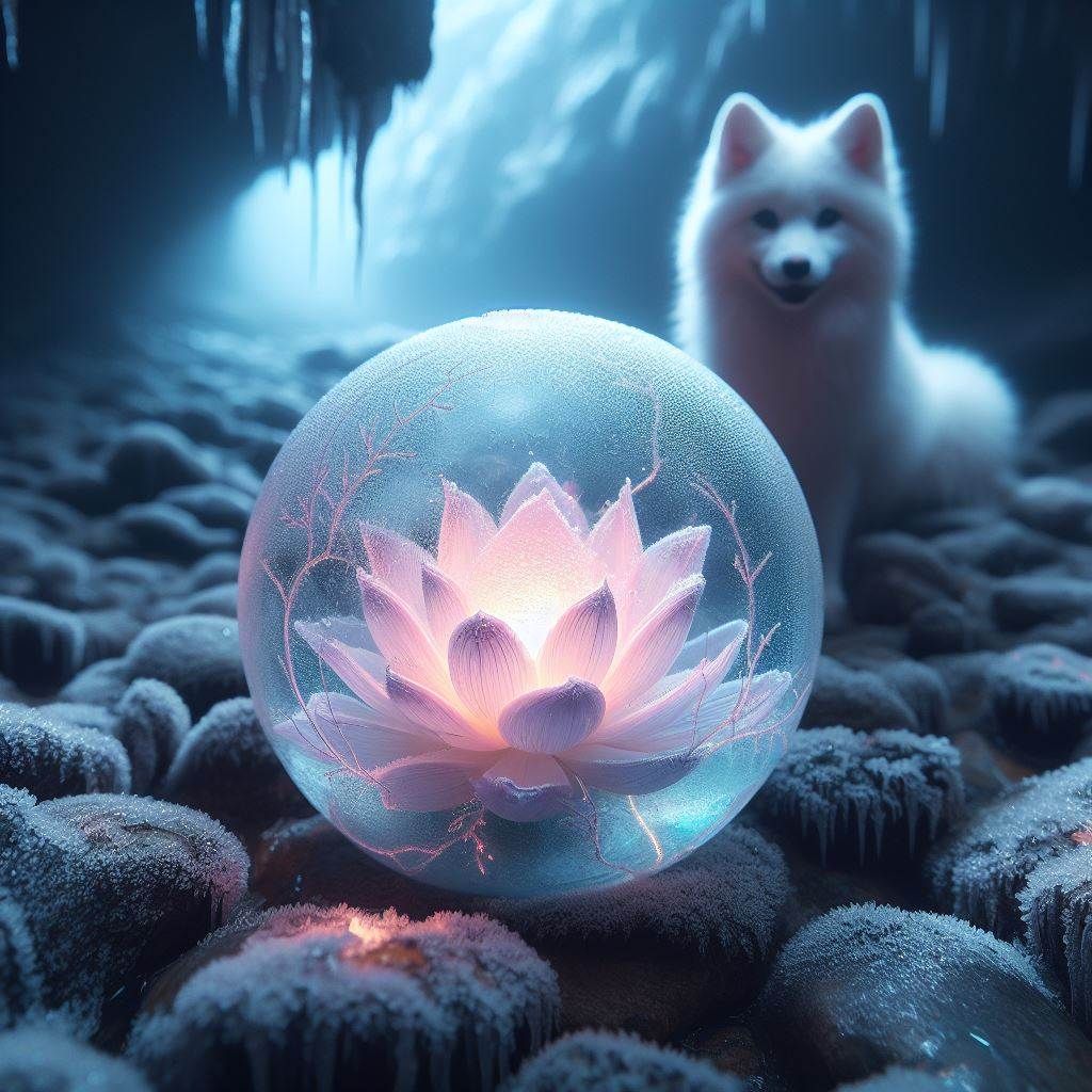 White fox behind glass ball with a lotus flower inside
