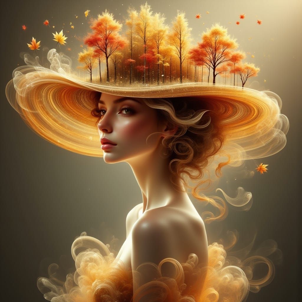 <lora:Ethereal Magic Flux:1.0> On an elegant, incredibly beautiful woman’s hat, an entire miniature autumn forest is arranged like a magical...