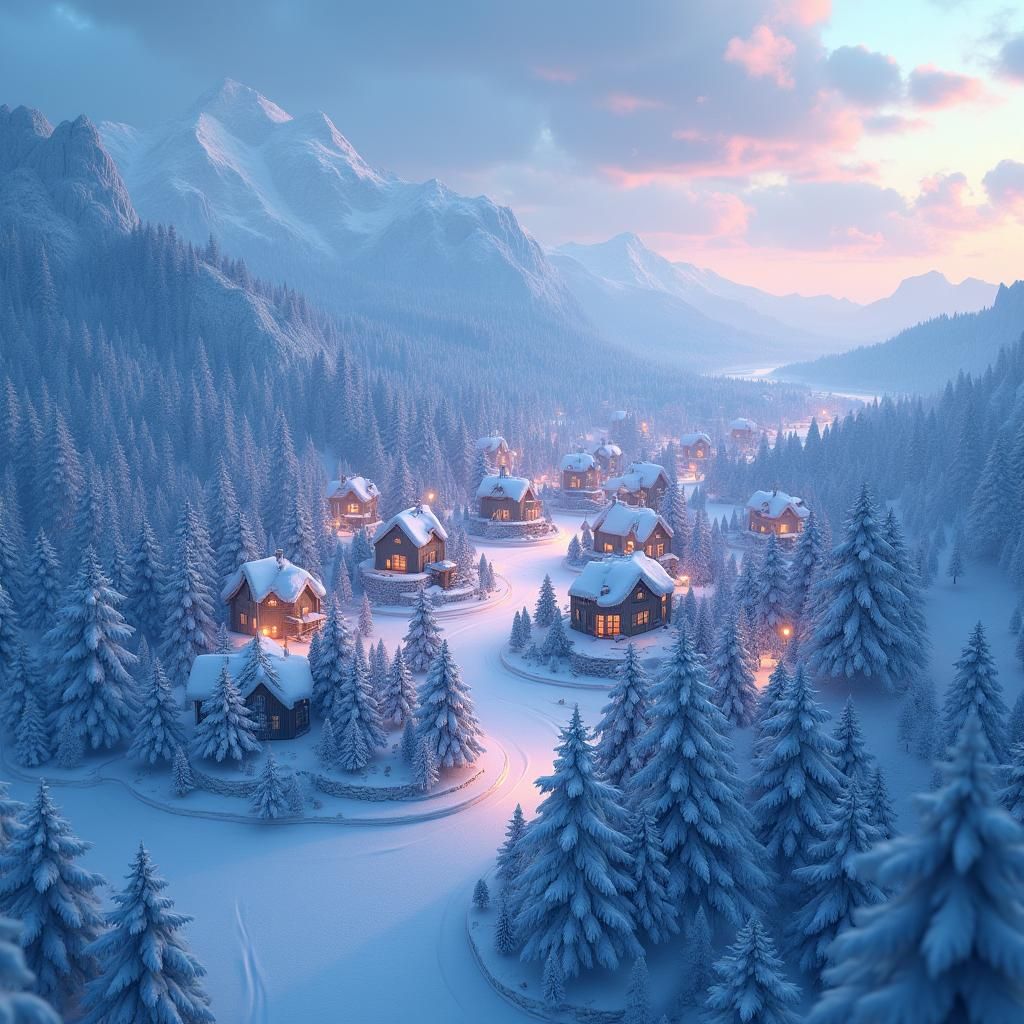 Snowflake Town in Winter Landscape, Ethereal Concept Art