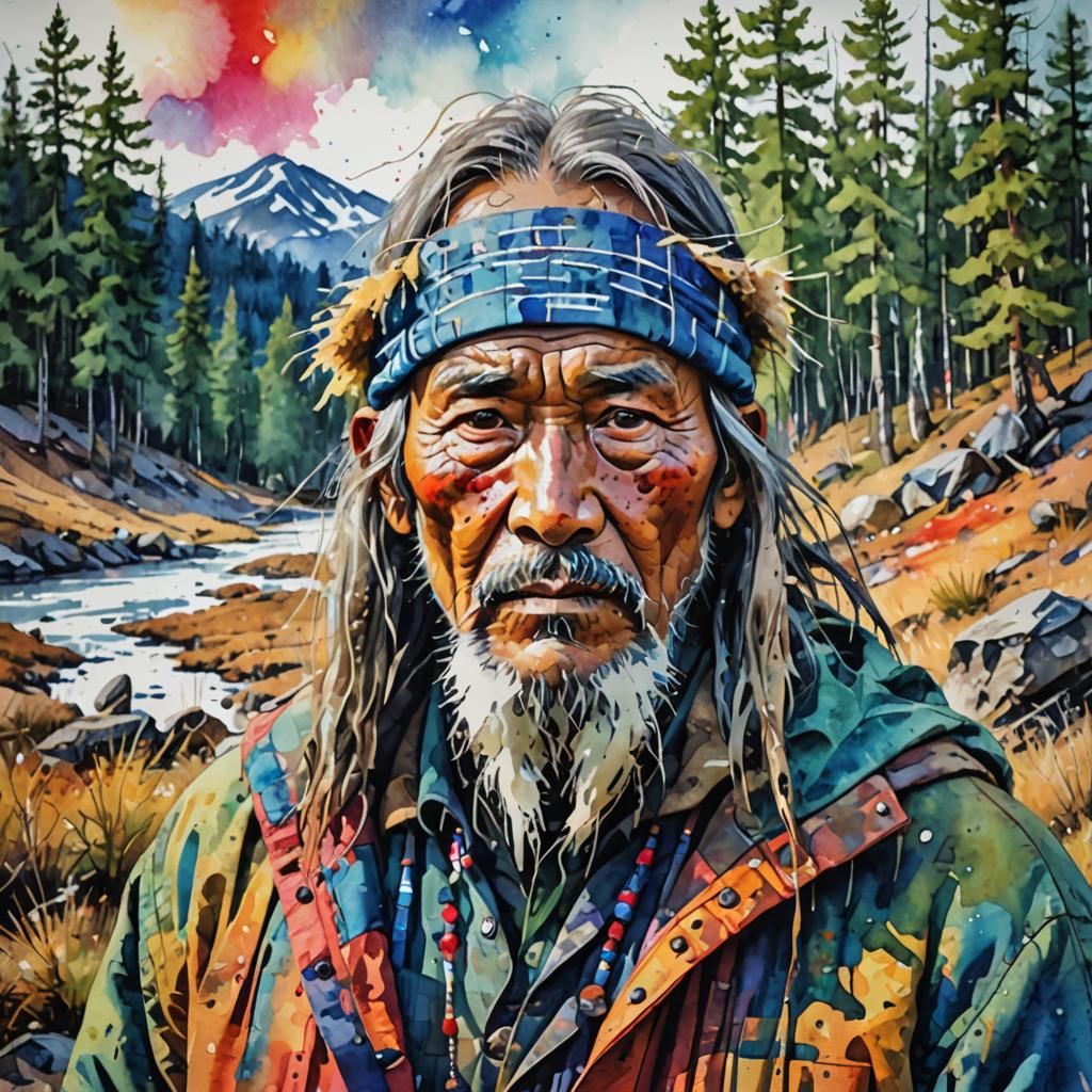 Watercolor Portrait of an old Evenki man  living in taiga