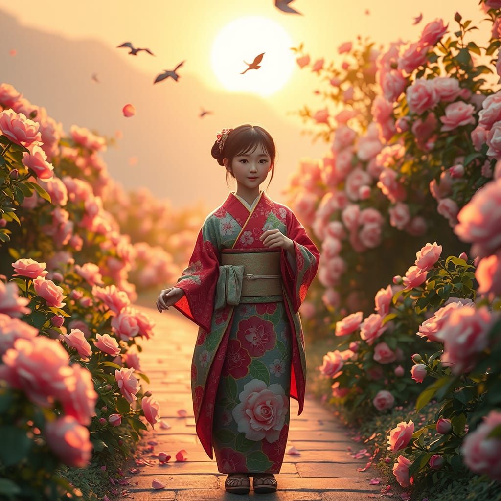 "A young Japanese girl walking at sunset, singing joyfully, ...