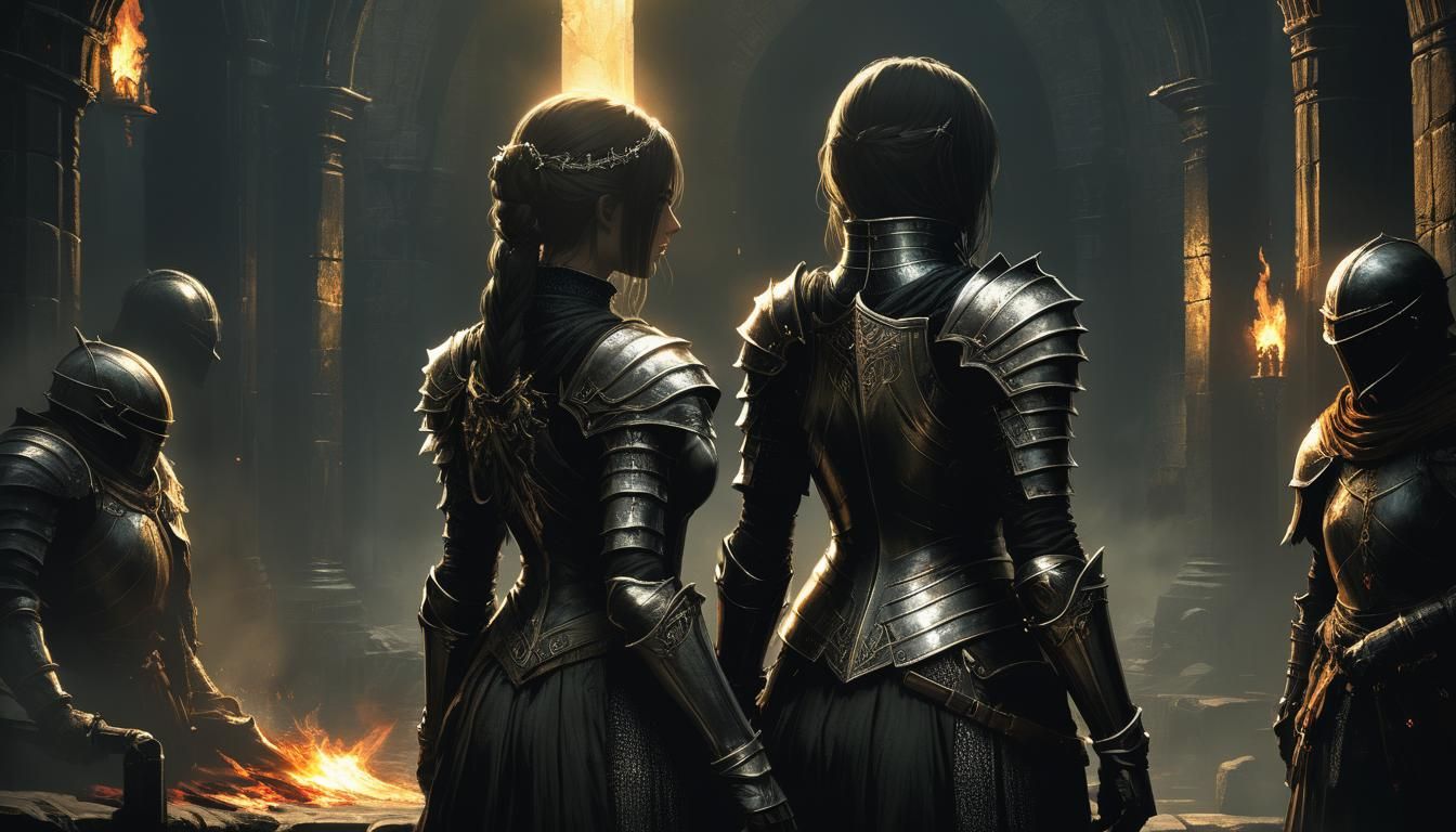 Gothic Female Warrior Praising the Sun in Dark Souls Style