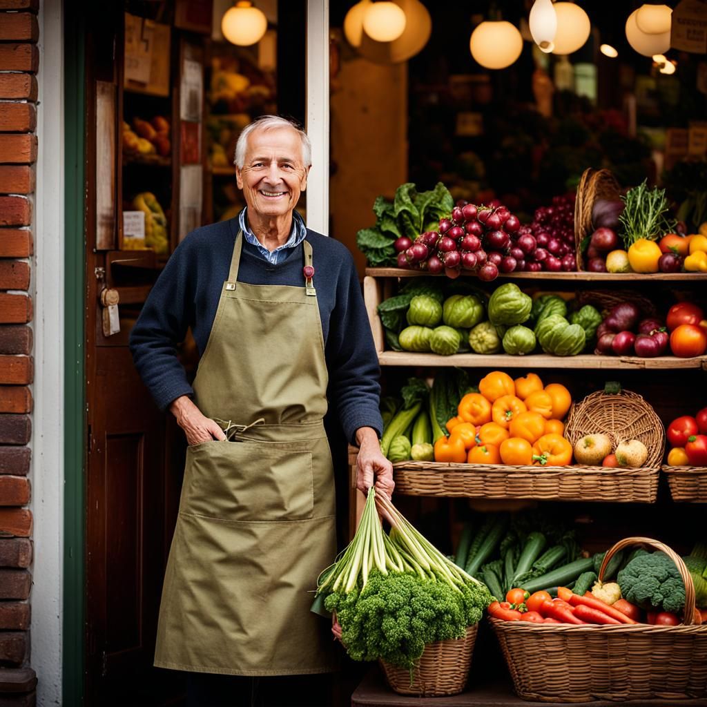 The Storefront of a neighbourhood grocer with displays of fresh produce. The owner is standing at the ...  by @caprandom