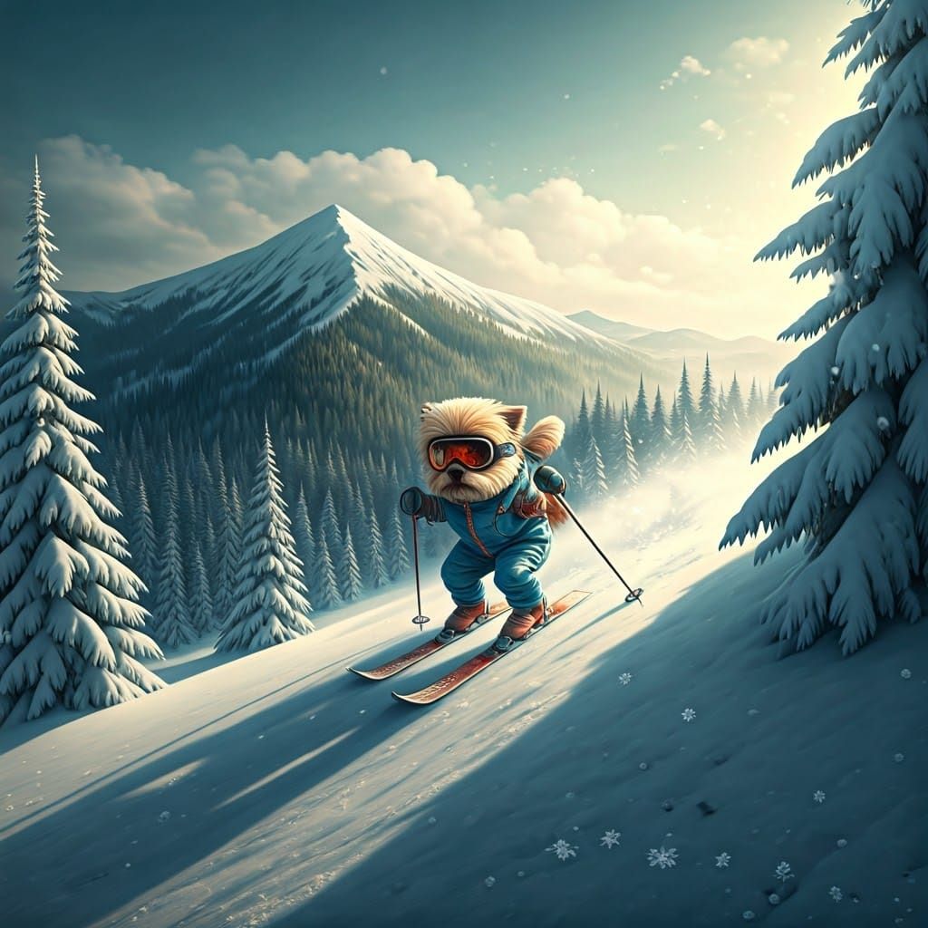 Whimsical Winter Wonderland with Fluffy Dog Skier