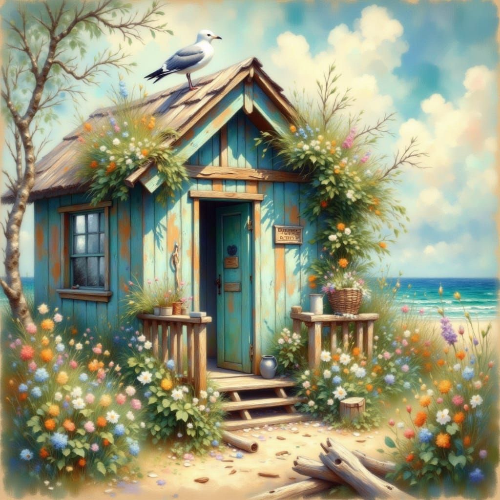 <lora:Ethereal Impressions:1.0> street view of an old antique teal and white boho shack near the ocean with driftwood and a seagull