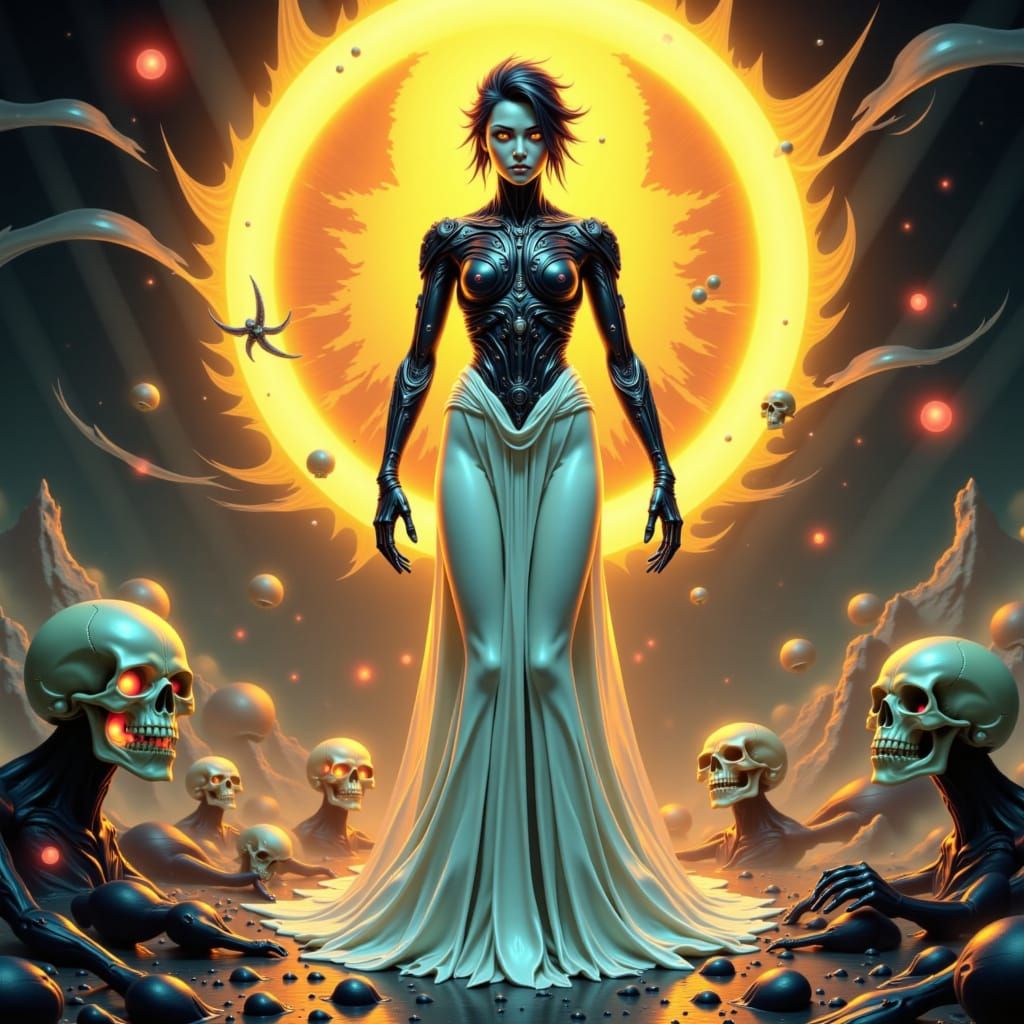 A benevolent android necromancer woman, dressed in a flowing white gown with intricate, circuit-like patterns, stands amidst a halo of incan...