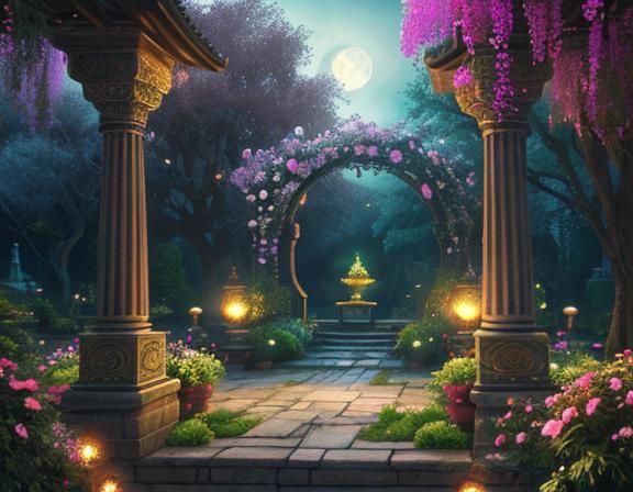 Enchanting Garden with Vibrant Flowers in Oil